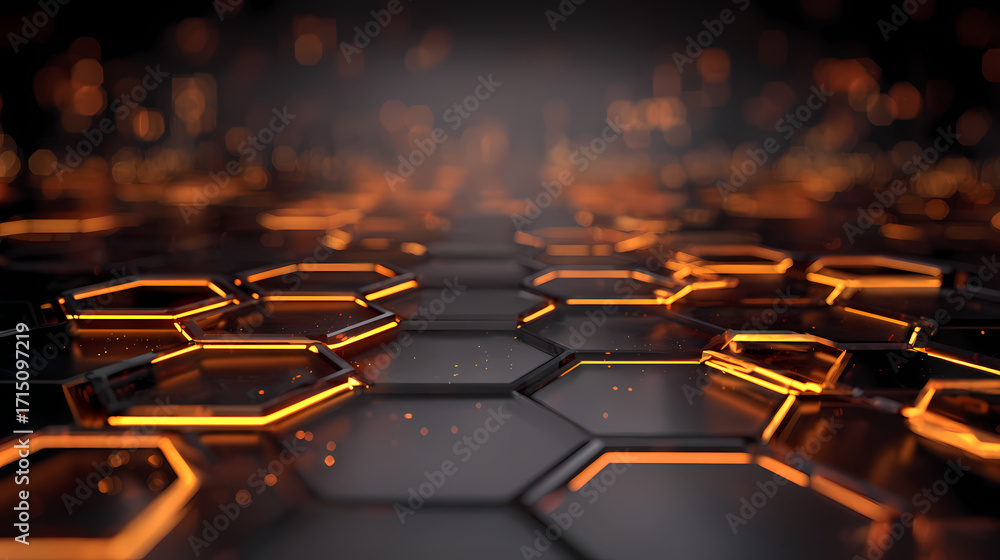 Fototapeta premium Abstract Hexagon Tech Background with Illuminated Orange Lights, Futuristic Design