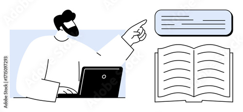 Person using a laptop and pointing to informational text next to an open book. Ideal for education, e-learning, training, research, teaching, content creation, and presentations simple flat metaphor