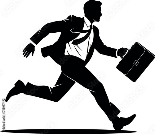 Silhouette of businessperson running with briefcase, urgency concept, time management, deadline pressure, career rush, professional haste, vector illustration