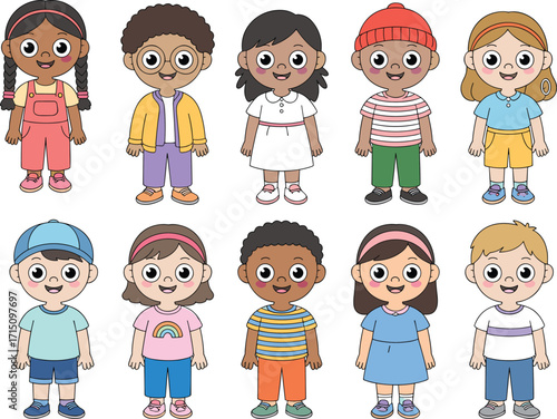 Diverse children illustration, cartoon kids group, multicultural happy faces, colorful outfits, smiling boys and girls, educational diversity concept, playful characters