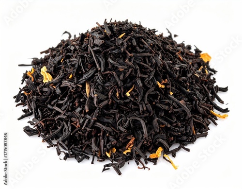 A small, dark pile of loose-leaf black tea, speckled with visible orange-yellow flower petals, sits against a stark white background