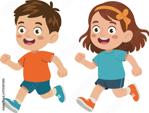 Happy children running outdoors, playful kids activity, childhood fun, exercise, fitness, smiling boy and girl, cartoon illustration, healthy lifestyle, energy, joy