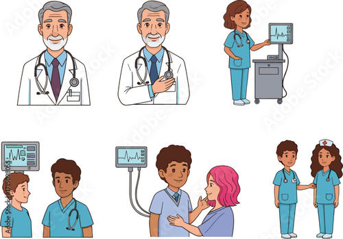 Medical doctor, nurse, healthcare worker, patient care, hospital staff, stethoscope, heart monitor, medical team, clinical support, healthcare illustration, cartoon style