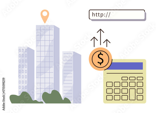 Skyscrapers marked with a location pin, URL bar symbolizing online presence, and financial growth with a calculator and upward arrows. Ideal for business, finance, real estate, technology, digital