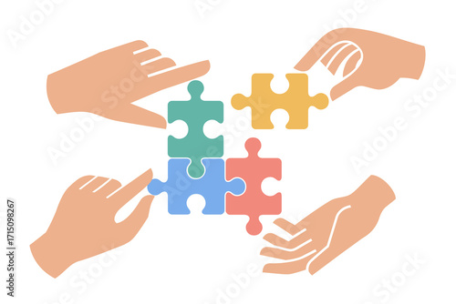 Hands assembling colorful puzzle pieces