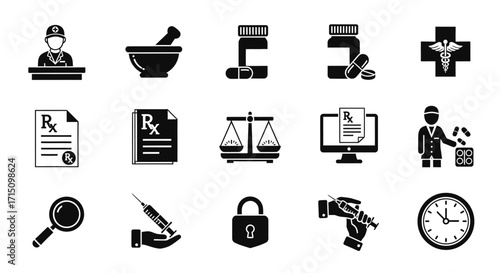 A versatile set of black glyph pharmacy icons illustrating medical concepts, healthcare services, and pharmaceutical elements