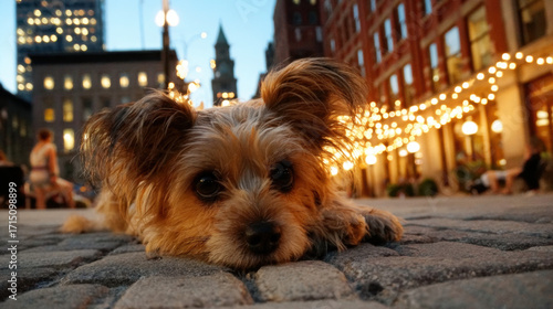Fototapeta Naklejka Na Ścianę i Meble -  Cute small dog lying on cobblestone street in urban setting with city lights and blurred pedestrians in the background during evening twilight.