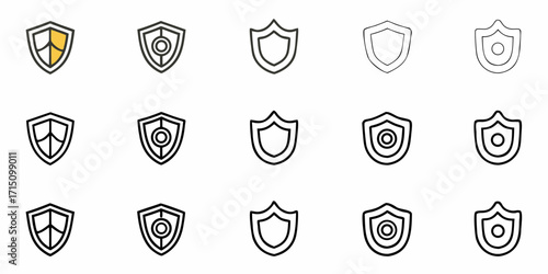 Diverse shield icon set for security, protection, and trust designs, scalable vector style