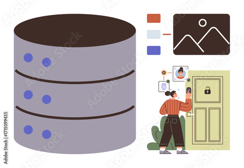 Data server stack, user face scan at a locked door, file images, and color references. Ideal for digital security, database management, biometrics, cloud storage, access control technology systems