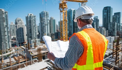 Wallpaper Mural Construction supervisor in white hard hat and orange safety vest reviewing blueprints on high-rise building site, steel rebar reinforcement and concrete construction in progress Torontodigital.ca