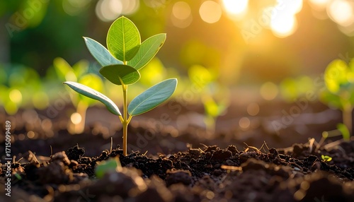 Young sprout emerging from soil, bathed in sunlight (1)