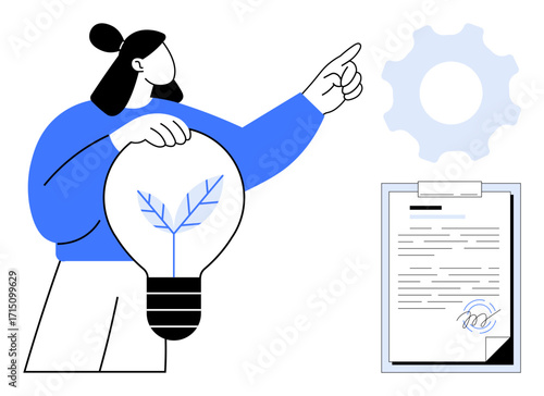 Woman holding a light bulb with a growth icon, pointing at a gear next to a signed document. Ideal for innovation, leadership, problem-solving, strategy, planning, creativity teamwork. Simple flat