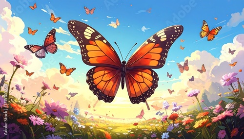 Fototapeta Naklejka Na Ścianę i Meble -  Butterfly Meadow Serenade: A Colorful Floral Fiesta