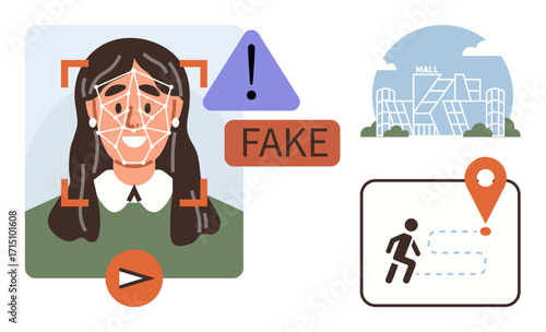 Face scanning error with fake alert warning, geolocation map with route, modern mall building. Ideal for AI ethics, security, cybersecurity, location tracking, identity protection, machine learning