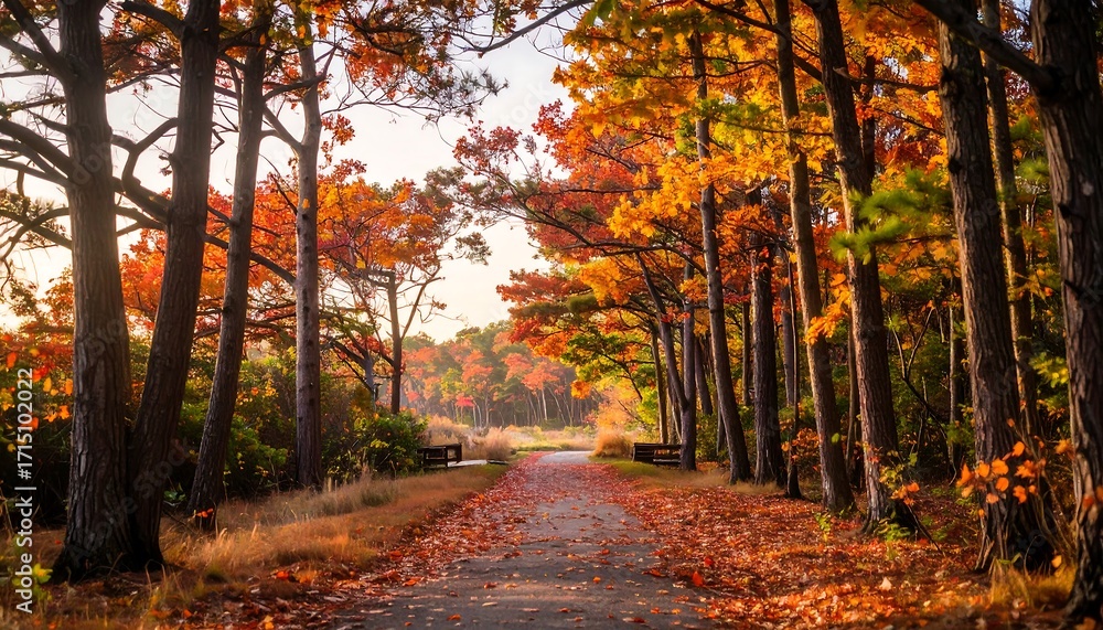 Obraz premium Autumnal Pathway: Sunlit Road Through Vibrant Fall Foliage