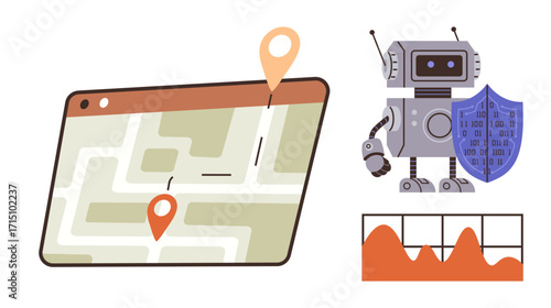 Robot with shield representing cybersecurity, digital map navigation with pins, and graph chart showing data analysis. Ideal for technology, AI, innovation, security, automation, analytics