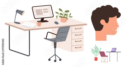 Desk with computer, lamp, documents, coffee mug, and potted plant beside a swivel chair. Person s side profile and additional setups included. Ideal for productivity, work-life balance, or creativity