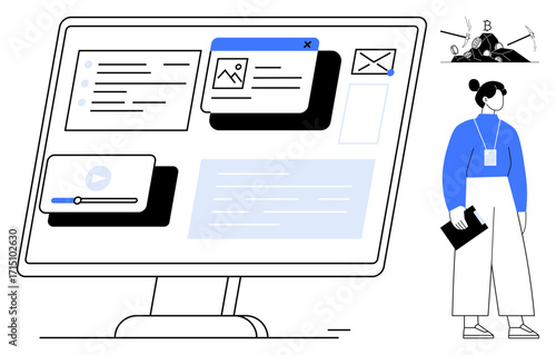 Computer screen displaying task lists, video player, email, browser tabs, plus a professional individual holding notes. Ideal for productivity, education, remote work, focus learning technology