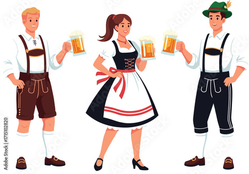 Traditional Bavarian Oktoberfest Celebration with Lederhosen and Dirndl Costumes, Beer Mugs, Smiling People, German Culture, Festive Attire, Alpine Hat, Party Vibe