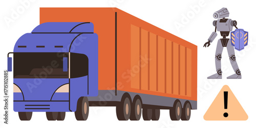 Blue truck with orange container, robot carrying shield, caution sign. Ideal for automation, logistics, safety, robotics, AI freight technological progress. Simple flat metaphor