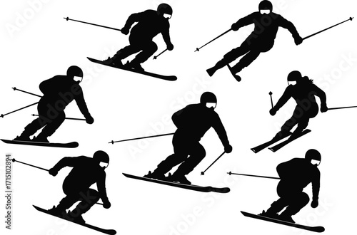 Skiing silhouettes, winter sports action, downhill skiing poses, extreme snow adventure, alpine skiing technique, ski athletes, outdoor mountain sport, dynamic motion, snow performance, ski lifestyle