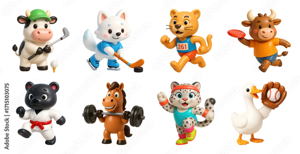 Fototapeta premium PNG Cute animal sports figurines collection, element set on transparent background