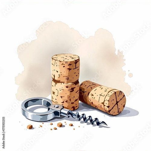 Illustration of wine corks and a metal corkscrew on white background  