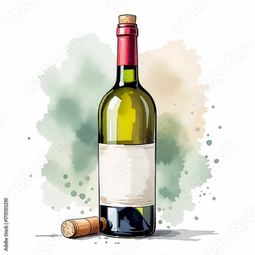 Watercolor illustration of a wine bottle with a blank label. Isolated drawing of an alcoholic beverage with a cork. Mockup for menu or winery design.