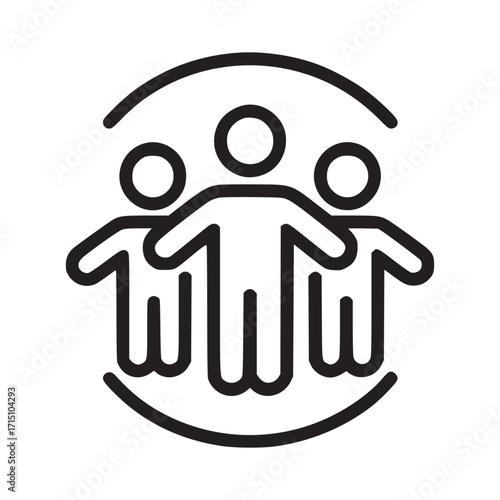Illustration of a group of people standing together in unity and support, represents teamwork, collaboration, community, and social connection in a simple line art style