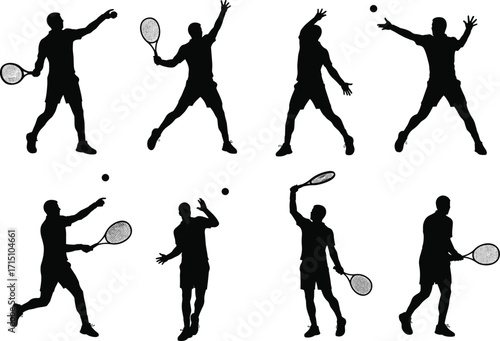 Tennis player silhouettes, racket action poses, forehand backhand serve, sports illustration, dynamic motion, athletic training, fitness concept, competition, coaching guide, ball control