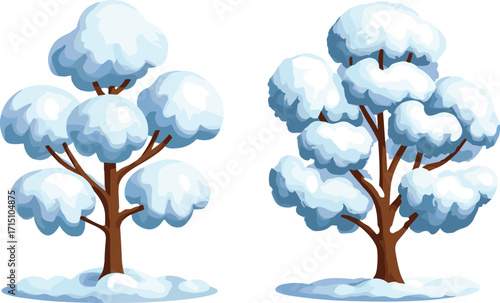 Winter snow trees, snowy forest illustration, cartoon style artwork, fluffy snow branches, seasonal background, cold weather design, frosty landscape, decorative nature scene