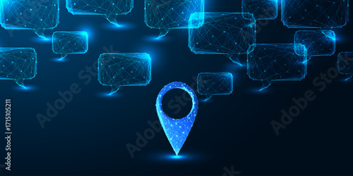Geolocation communication concept with glowing map pin and speech bubbles on dark tech background