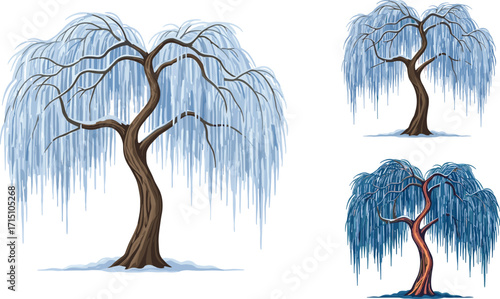Winter willow tree illustration, snowy landscape artwork, icy blue leaves design, frosty nature background, artistic seasonal tree drawing, cold forest scene