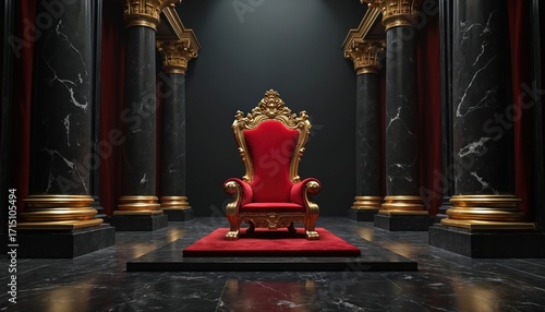 Opulent red velvet throne with ornate gold detailing. Set within a grand hall featuring black marble columns, red velvet curtains, and a polished dark floor. Classical Roman architectural style.
