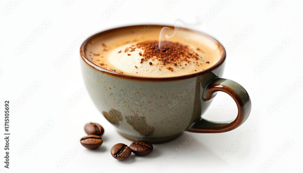 Obraz premium Steaming cup of rich, foamy espresso coffee, dusted with cocoa powder, sits on white surface with roasted coffee beans. Premium hot beverage perfect for morning enjoyment, offering aromatic,