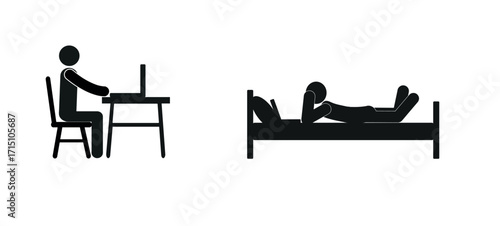 a man sitting at a table working on a laptop, a freelancer, a man lying on a bed, resting, watching his favorite programs, videos, a man's figure, an icon, a stick man, a sketch