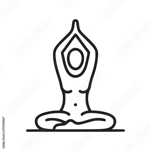 Vector art of minimalist yoga pose icon simple outline of a person in lotus position with hands raised, representing meditation, mindfulness, and inner peace suitable for wellness designs