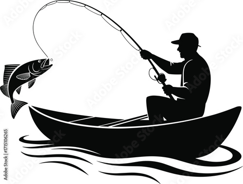 Fishing man in boat silhouette catching big fish with fishing rod, sport fishing vector illustration, outdoor adventure, angler hobby design, nature.
