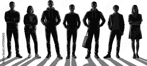 Group of people standing together in silhouette, diverse men and women vector illustration, teamwork concept, business community design, human figures graphic.