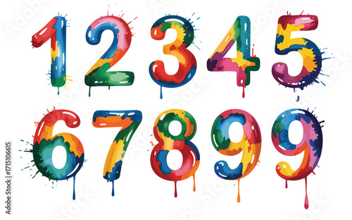 Vector Illustration Of Colorful Numbers 1 Through 9 With Dripping Paint And Splatter Effect, A Creative And Dynamic Graphic Isolated On A White Background.