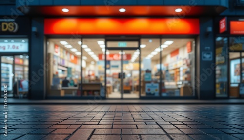 Outside view of minimarket with glass facade and glowing lights, sharp pavement in foreground