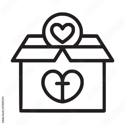 Vector art of charity donation box illustration with a heart and cross symbol, represents love, giving, and faith in a simple, meaningful design for charitable causes and support