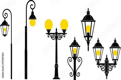 Vintage street lamp collection, urban lighting design, classic lanterns, decorative outdoor lights, black silhouette, glowing bulbs, architectural elements, cityscape detail