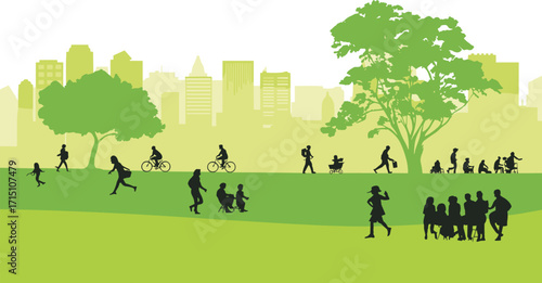 Vector People in a Public Park Vector Illustration with a City Skyline, Depicting Various Outdoor Activities like Jogging and Biking for a Healthy Lifestyle