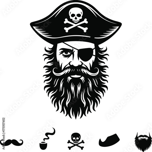 Vintage pirate face with beard and hat, skull symbol, vector illustration with accessories like mustache, pipe, hat, beard, isolated design