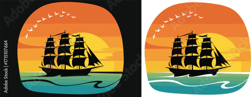 Vintage Sailing Ship at Sunset, Old Clipper on Ocean Waves with Birds, Nautical Adventure Vector Graphic Design