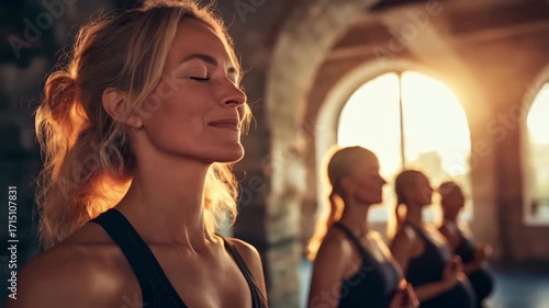 Group of Individuals Practicing Mindfulness and Meditation in a Sunlit Studio During an Evening Wellness Session. Generative AI
