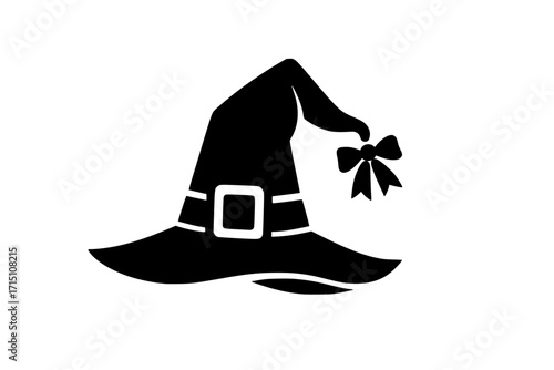 Stylized dark gray witch hat with buckle and bow graphic
