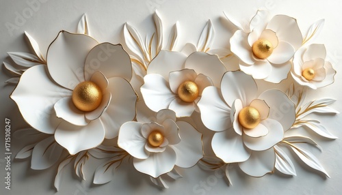 Elegant 3D wall art white flowers with golden accents on textured backdrop. Modern floral design features white petals, gold centers, delicate gold leaf details. Sophisticated decor for interior