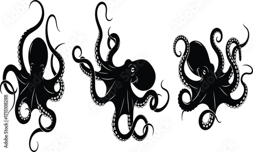 Black silhouette octopus illustration, sea animal vector design, marine wildlife clipart, underwater creature artwork, ocean life decorative graphic element